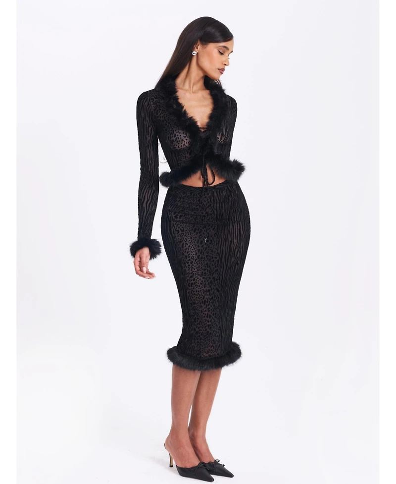 Miss Circle Women's Hali Animal Print Burnout Velvet Fur Trim Top