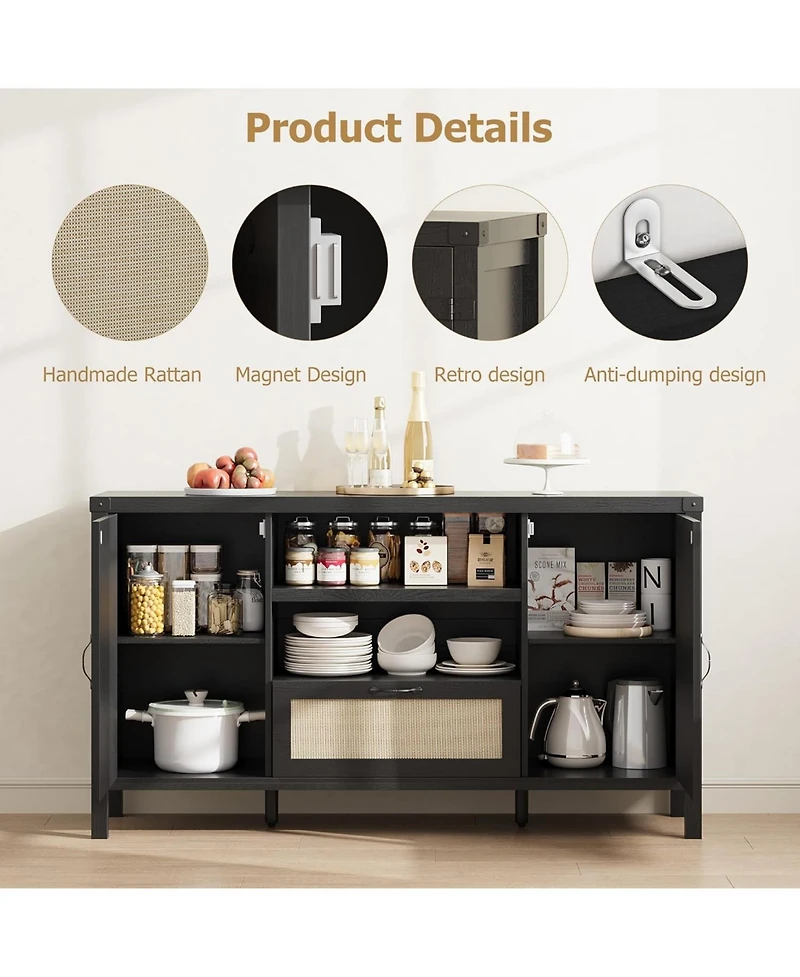 gaomon 59.1" Buffet Sideboard Cabinet with Storage, Farmhouse Wood Coffee Bar Doors and Drawers