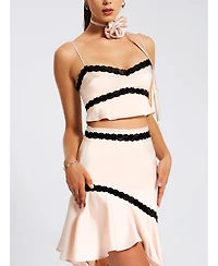 Miss Circle Women's Yahvi Beige Lace Trim Satin Skirt