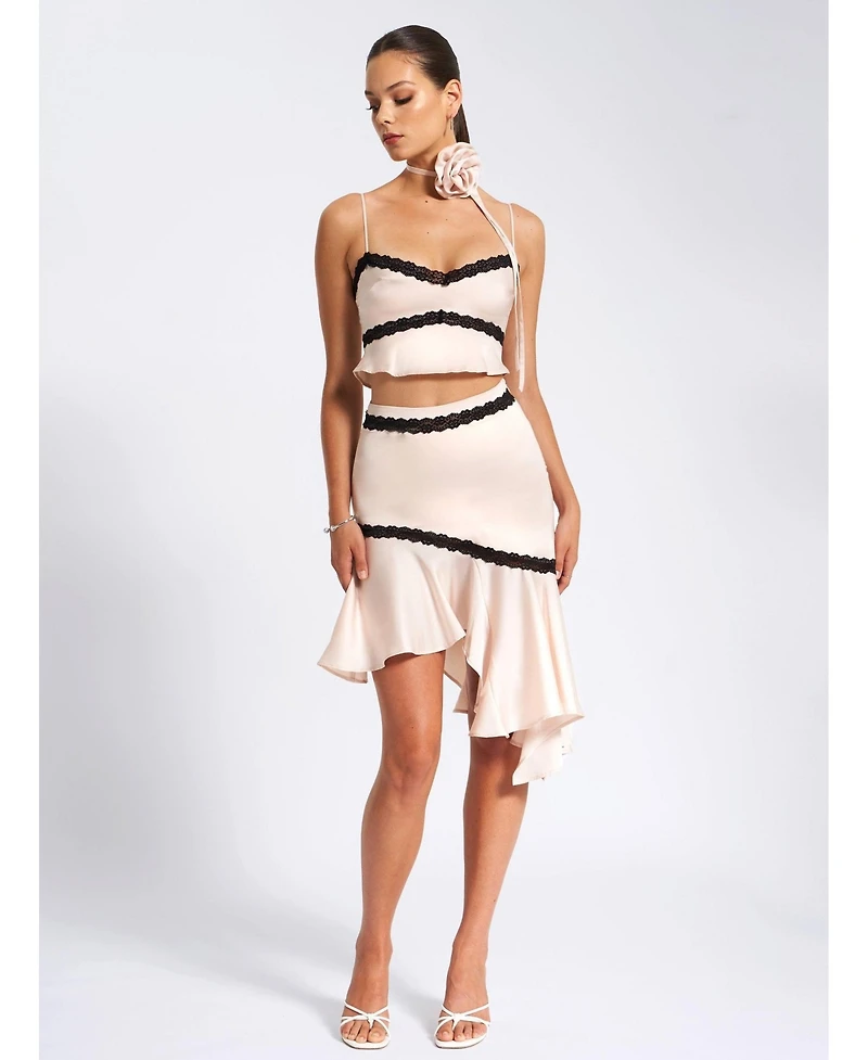 Miss Circle Women's Yareli Beige Lace Trim Satin Strappy Top