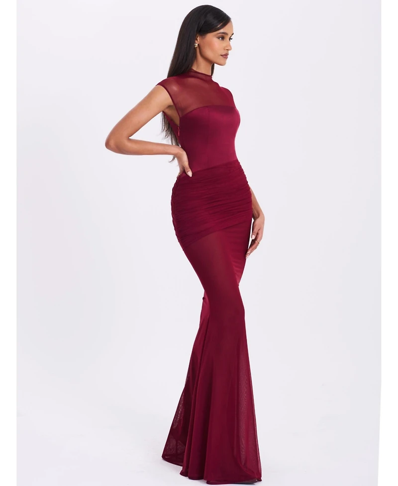 Miss Circle Women's Fabienne Burgundy Mesh Cap Sleeve Mermaid Gown