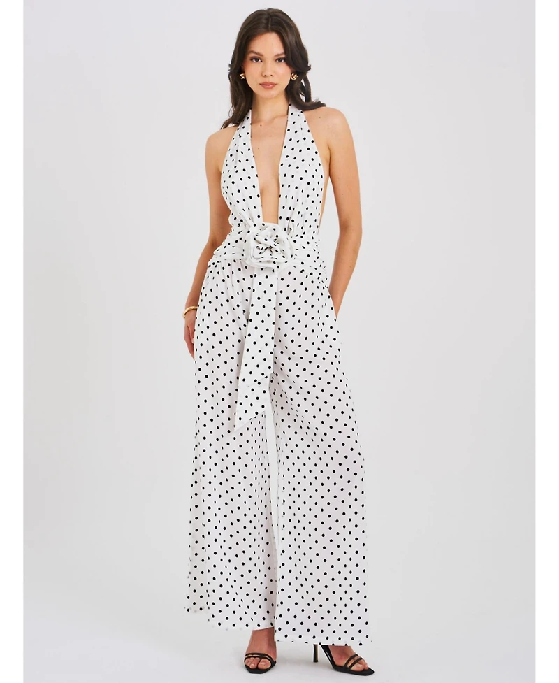 Miss Circle Women's Oriana White Polka Dots Halter Jumpsuit