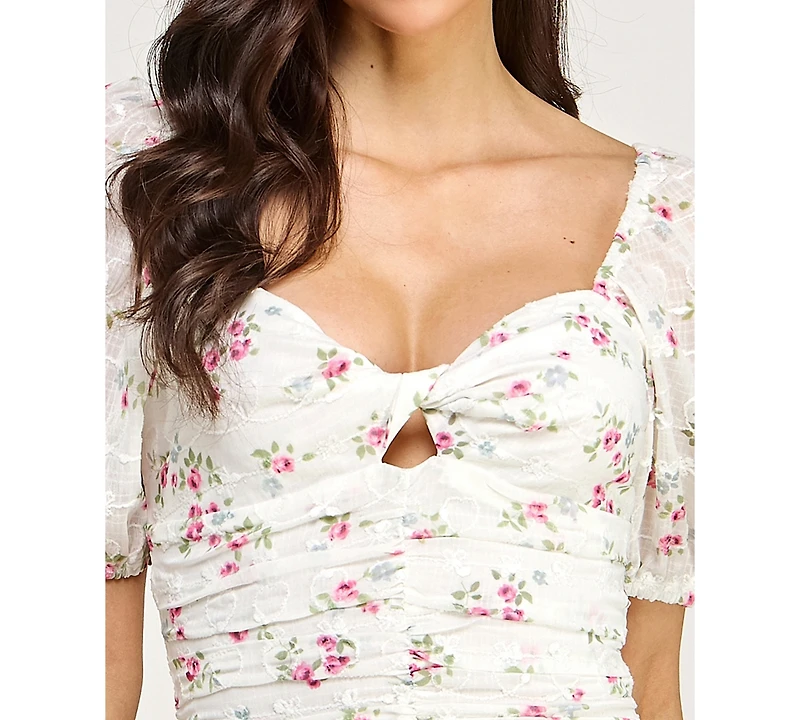 City Studios Juniors' Embroidered Floral Puff-Sleeve Cutout Dress