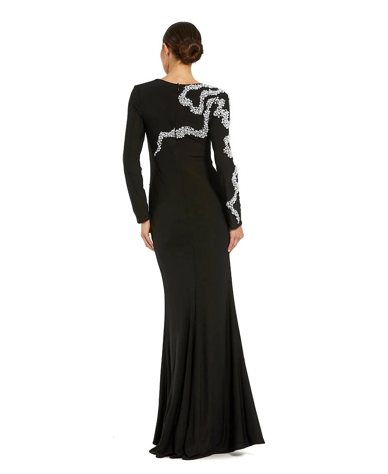 Mac Duggal Women's Jersey Long Sleeve Beaded Column Gown