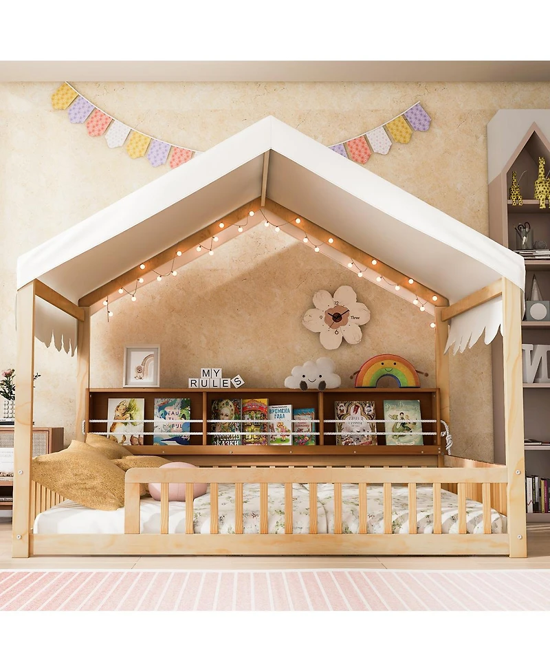 Streamdale Furniture Wooden House Daybed with Fence, Storage, Curtain & Led
