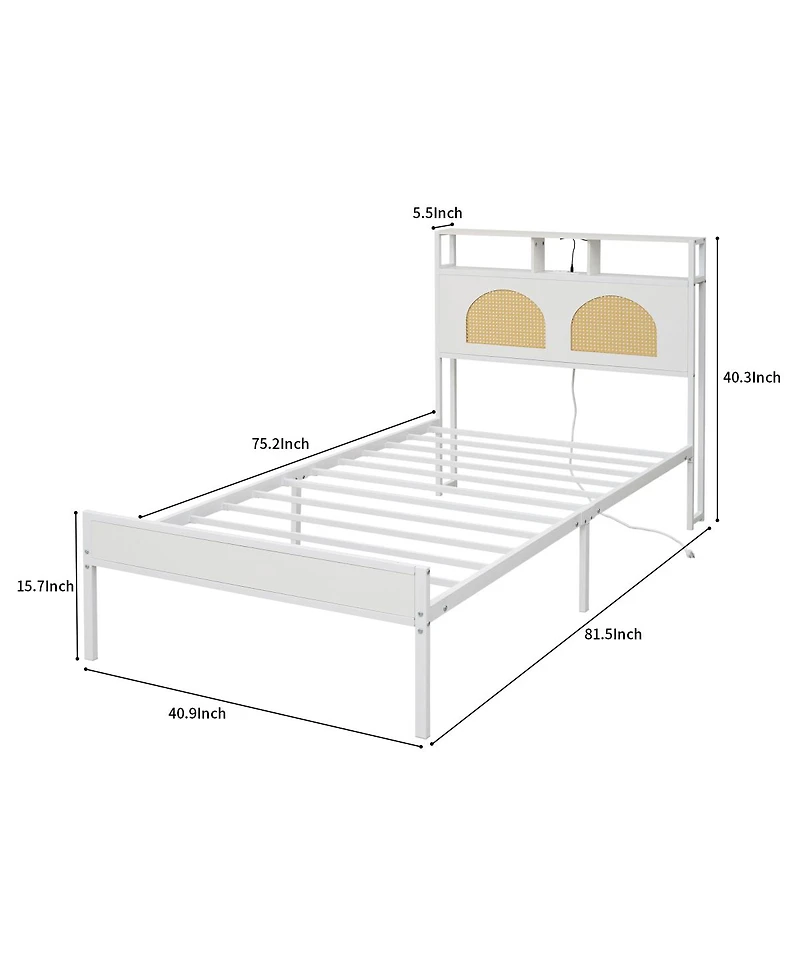 Streamdale Furniture Twin Bed Frame with Headboard, Led & Charging Station, Rattan Headboard