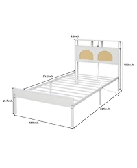 Streamdale Furniture Twin Bed Frame with Headboard, Led & Charging Station, Rattan Headboard