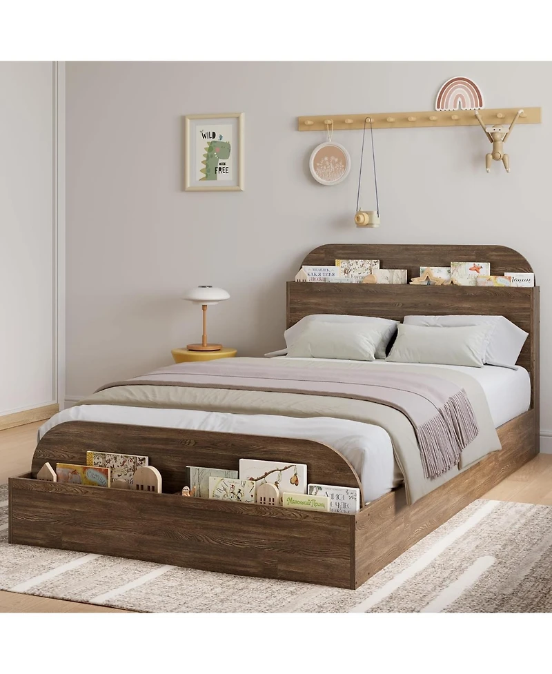 gaomon Wooden Bed Frame with Storage Headboard & Raised Footboard, Low Platform Design