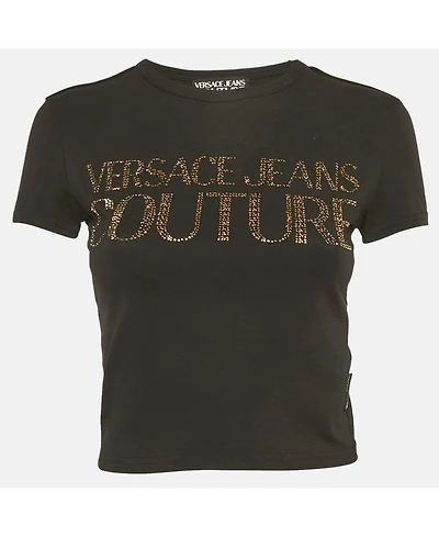 Pre-Owned Versace Women's Jeans Couture Black Logo Studded Cotton Knit Crop T-Shirt