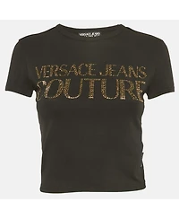 Pre-Owned Versace Women's Jeans Couture Black Logo Studded Cotton Knit Crop T-Shirt
