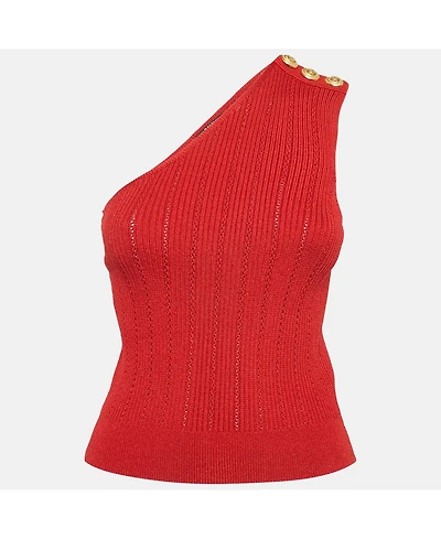 Pre-Owned Balmain Women's Red Pointelle Knit One-Shoulder Top
