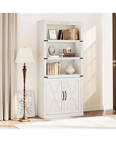 gaomon Farmhouse Bookcase with Doors, 5-Tier 70" Tall Bookshelf with Storage Cabinet for Living Room, White