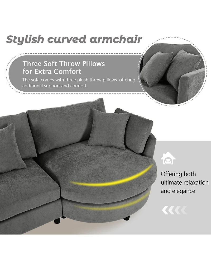 Streamdale Furniture 105" Chenille 3-Piece Sectional Sofa w/ Curved Chaise & 3 Pillows