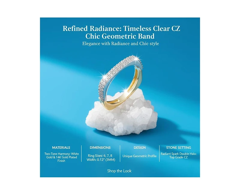 Rachel Glauber Timeless Clear Cz Chic Geometric Band Ring Two-Toned Gold Plated