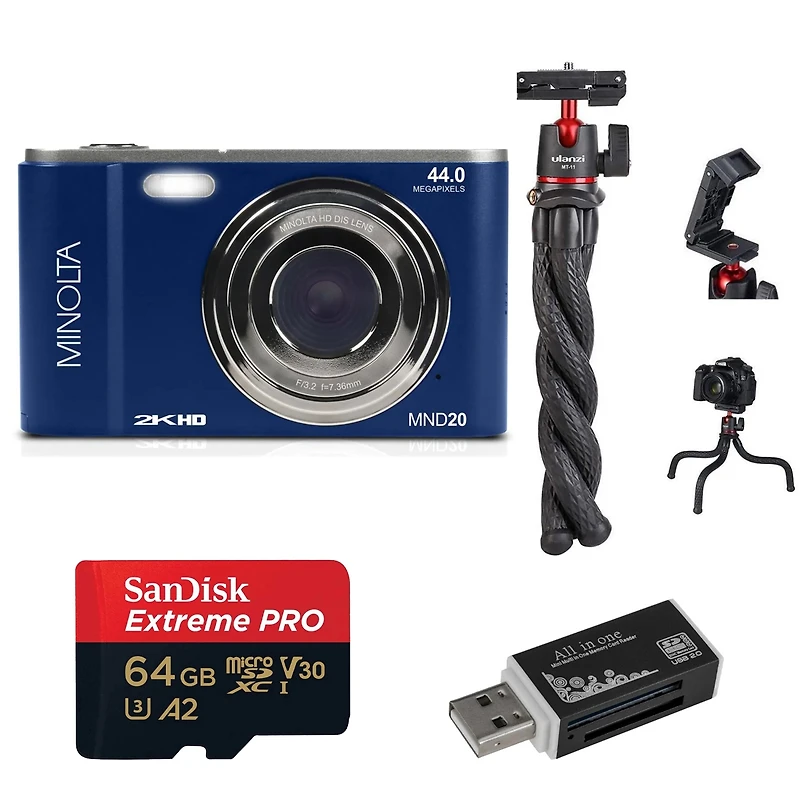Minolta MND20 44MP 2.7K Quad Hd Digital Camera, Blue, Bundle with 64GB Memory Card, Octopus Tripod, Usb 2.0 Card Reader