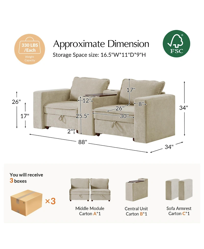 Hulala Home Buelow 88” Modern Storage Sofa With Charging Station And Middle Compartment