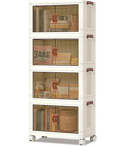 gaomon 4-Tier Foldable Storage Cabinet, Plastic Organizer with Magnetic Doors & Wheels for Home Use, White