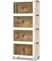 gaomon 4-Tier Foldable Storage Cabinet, Plastic Organizer with Magnetic Doors & Wheels for Home Use, White