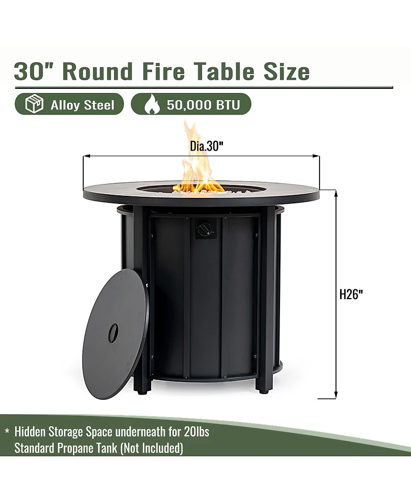 Flynama 30 Inch Propane Gas Fire Pit Table 50000 Btu Round Steel with Wood Grain Ceramic Tabletop Black for Outdoor Patio Garden