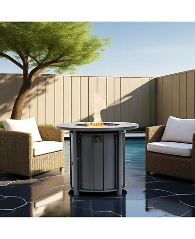 Flynama 30 Inch Propane Gas Fire Pit Table 50000 Btu Round Steel with Wood Grain Ceramic Tabletop Black for Outdoor Patio Garden