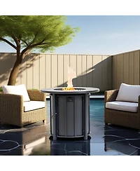 Flynama 30 Inch Propane Gas Fire Pit Table 50000 Btu Round Steel with Wood Grain Ceramic Tabletop Black for Outdoor Patio Garden