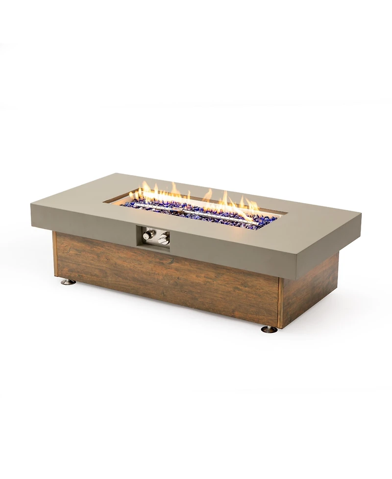 Flynama 48 Inch Iron Fire Pit Table with Wood Grain Stainless Steel Burner Waterproof Cover Easy Control Propane Fire Table