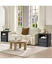 Rainsken 22" Fluted Nightstand with Charging Station, Modern Bedside Table with 2 Drawers and Open Storage for Living Room, Bedroom