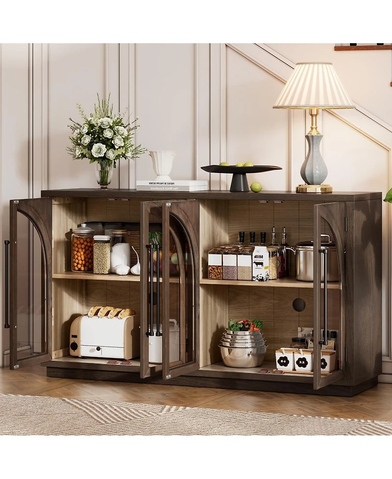 Streamdale Furniture Espresso 4-Door Large Storage Sideboard Buffet Cabinet with Glass Doors