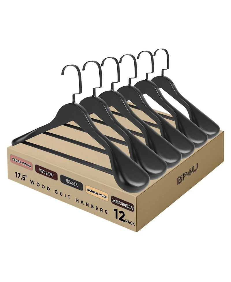 BP4U Wooden Suit Hangers with Pants Bar for Men's Clothes, 17.5-Inch Wide Shoulder Solid Wood Coat Jackets, Shirts