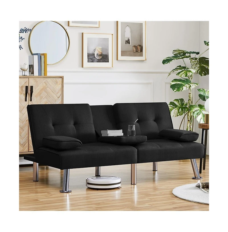 Yaheetech Fabric Upholstered Convertible Futon Sofa Bed for Small Space, Black