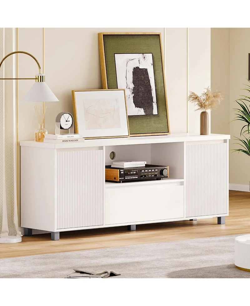 gaomon Fluted Tv Stand, White Entertainment Center for 60/65/70 Inch TVs, Modern Console With Drawer and 2 Cabinets, Media Cabinet