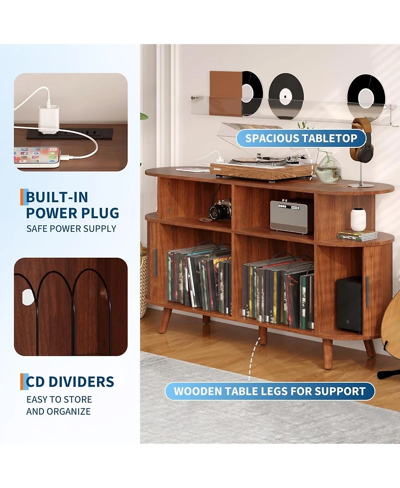 gaomon 55" Fluted Mid-Century Modern Turntable Cabinet with Vinyl Storage & Round Record Stand