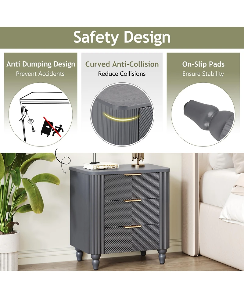 Rainsken Mid-Century Fluted Nightstand with 3 Storage Drawers, Wood Bedside End Table with Curved Profile & Metal Handle for Bedroom