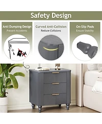 Rainsken Mid-Century Fluted Nightstand with 3 Storage Drawers, Wood Bedside End Table with Curved Profile & Metal Handle for Bedroom