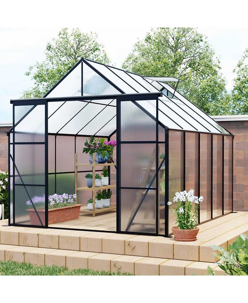 Mondawe 8x10FT Aluminum Double Door Polycarbonate Greenhouse with Raised Base and Anchor