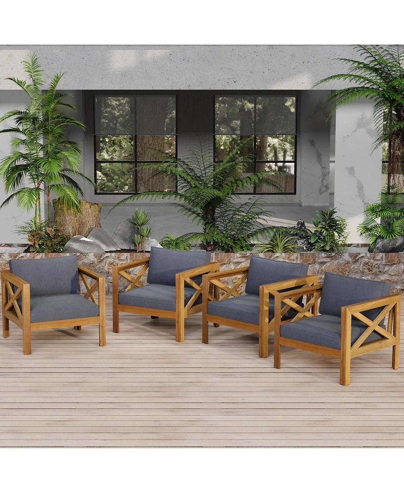 Flynama 2 Piece Outdoor Acacia Wood Club Armchair Set Teak Finish with Dark Grey Cushions Conversation Set