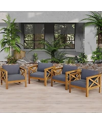 Flynama 2 Piece Outdoor Acacia Wood Club Armchair Set Teak Finish with Dark Grey Cushions Conversation Set