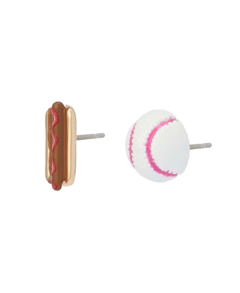 Betsey Johnson White Baseball Hotdog Mismatch Stud Earrings