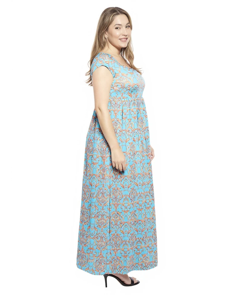 24seven Comfort Apparel Plus Abstract Cap Sleeve Pleated Maxi Dress