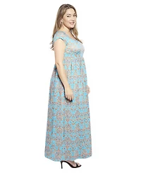 24seven Comfort Apparel Plus Abstract Cap Sleeve Pleated Maxi Dress