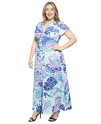 24seven Comfort Apparel Plus Abstract Empire Waist Cap Sleeve Maxi Dress