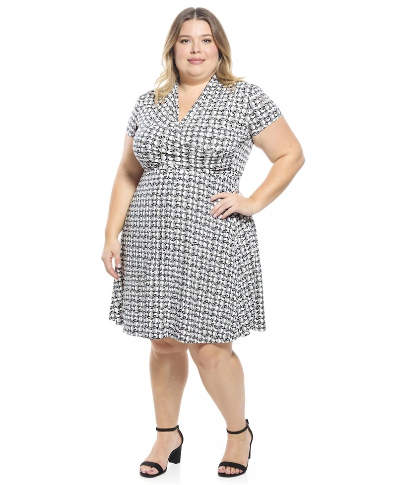 24seven Comfort Apparel Plus Geometric Faux Wrap A-Line Dress
