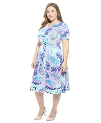 24seven Comfort Apparel Plus Abstract V-Neck A-Line Midi Dress
