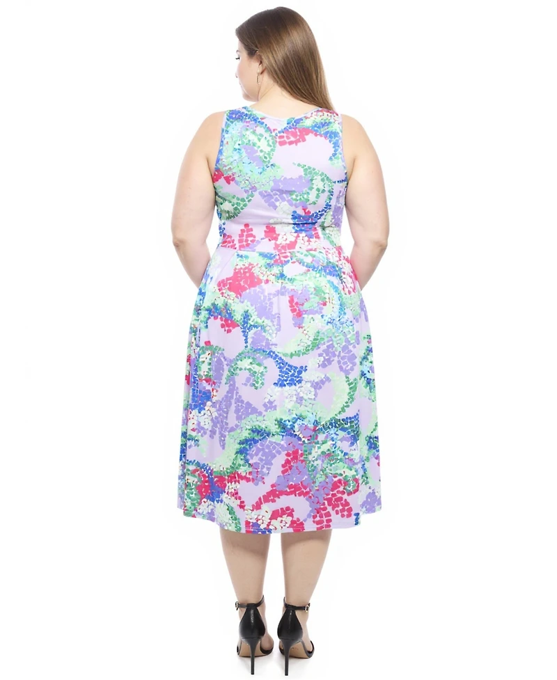 24seven Comfort Apparel Plus Abstract V-Neck Pleated Pocket Midi Dress