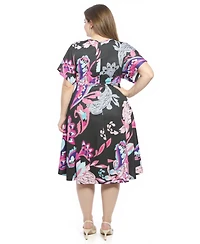 24seven Comfort Apparel Plus Paisley Dolman Sleeve Twist Front Dress