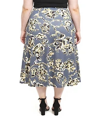 24seven Comfort Apparel Plus Floral Elastic Waist A-Line Skirt