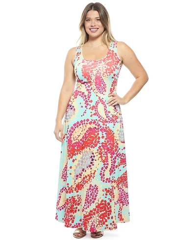 24seven Comfort Apparel Plus Abstract Scoop Neck Maxi Dress