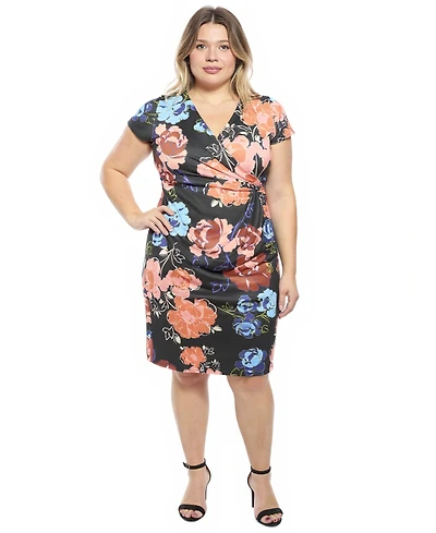 24seven Comfort Apparel Plus Floral V-Neck Faux Wrap Dress