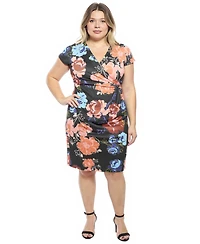 24seven Comfort Apparel Plus Floral V-Neck Faux Wrap Dress