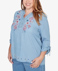 Alfred Dunner Plus Austin Floral Embroidered Tie Sleeve Henley Top